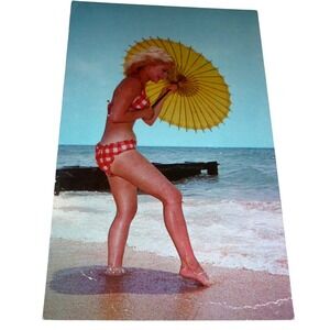 Vintage Bunny Yeager Pinup Postcard GN2 Cheerful Charmer Florida Bikini Parasol‎